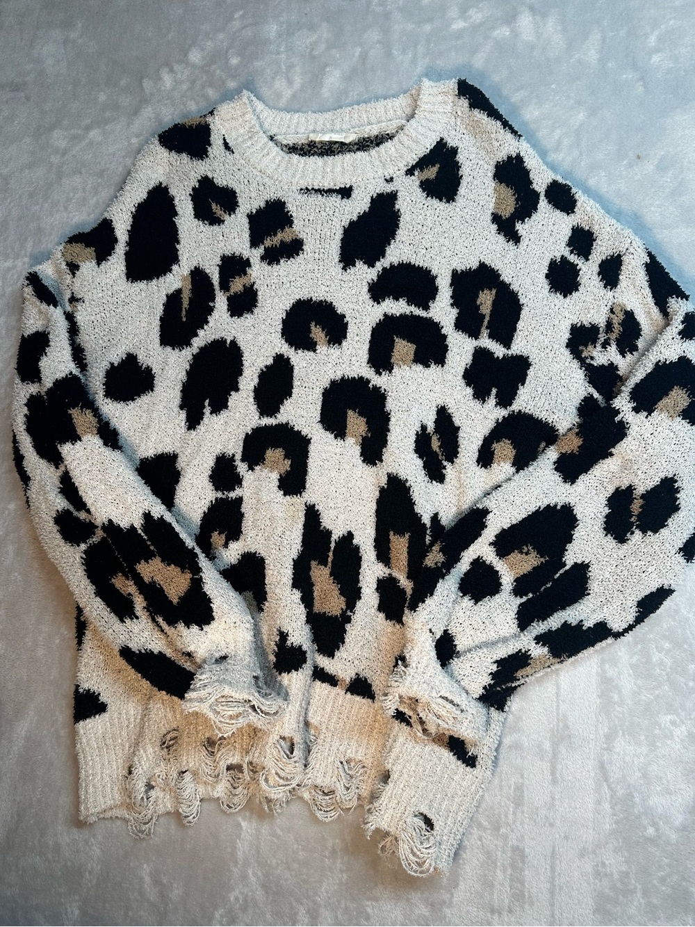 Altr’d State Eyelash Knit Cream Black Tan Leopard Crewneck Sweater